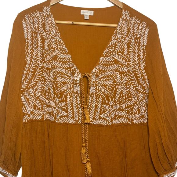 Garnet Hill 100% Organic Cotton Tie Neck Embroidered Cottage Core Peasant Dress - Picture 2 of 6